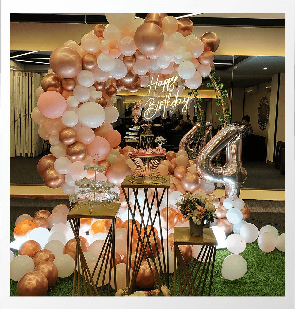 Kids birthday decoration with balloons and cake setup 5