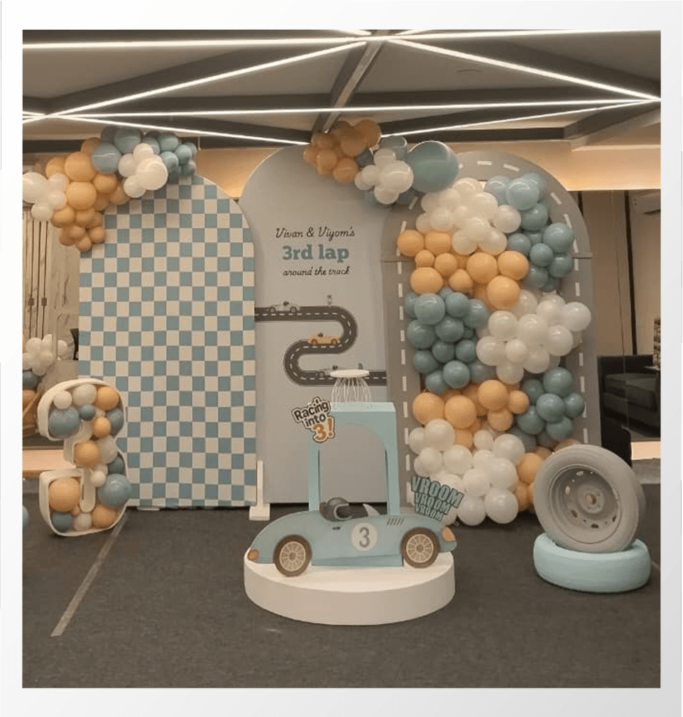 Kids birthday decoration with balloons and cake setup 13